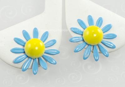 Vintage Blue and Yellow Enamel Daisy Flower Power Earrings