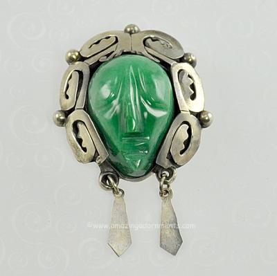 Vintage Signed Mexican Sterling Craved Green Stone Face Pin and Pendant Combo