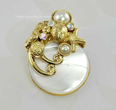 Clever Unsigned Brooch with Faux MOP, Rhinestones and Sea Life