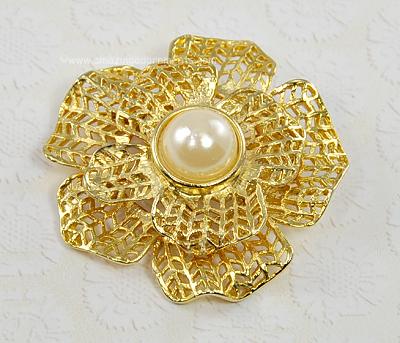 Gorgeous Lacy Tiered Flower Brooch with Faux Pearl Center