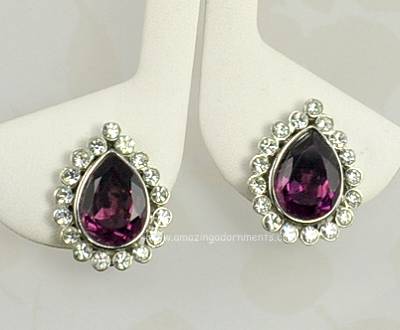 High Status Amethyst and Clear Rhinestone Earrings Signed DONALD STANNARD