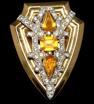 Grand MCCLELLAND BARCLAY ART DECO Rhinestone and Faux Topaz Shield Clip