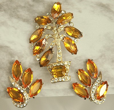 Vintage JOSEPH WIESNER NY Rhinestone Tree Brooch and Earring Set