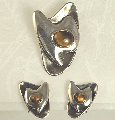 SIGI PINEDA Modernist Sterling and Genuine Tiger's Eye Brooch and Earring Set~  BOOK PIECE