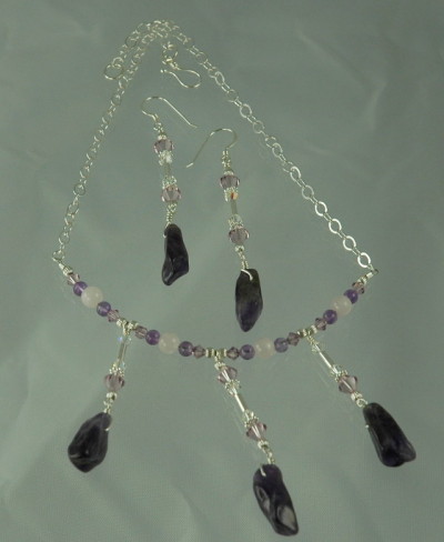 Swarovski Crystal and Genuine Amethyst Sterling Necklace and Earring Set