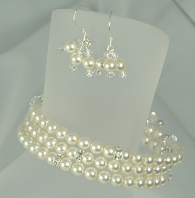 Classy Swarovski Crystal Pearl and Sterling Cuff Bracelet and Earring Set