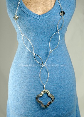 MARK EDGE! Long Sterling Silver Linked Loops Necklace with Abalone Flower Pendant