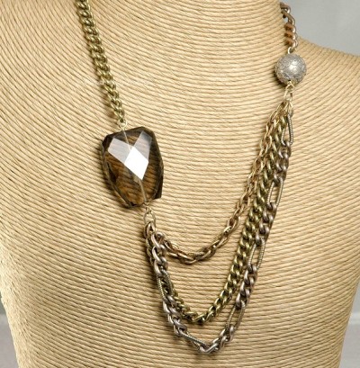 Chunky Multi- Chain and Smoky Quartz Eco Vintage Necklace Signed MARK EDGE