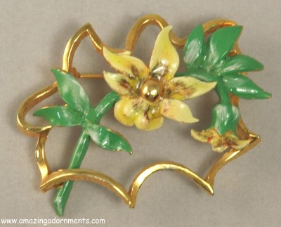 Pretty Signed HATTIE CARNEGIE Enamel Floral Brooch