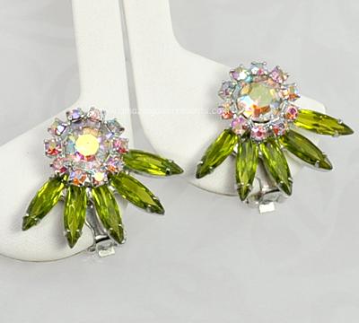 Exalted Vintage Green Navette and Aurora Borealis Rhinestone Flower Earrings