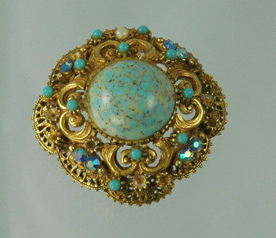 Victorian Revival FLORENZA Antique Finish Gold and Faux Turquoise Brooch